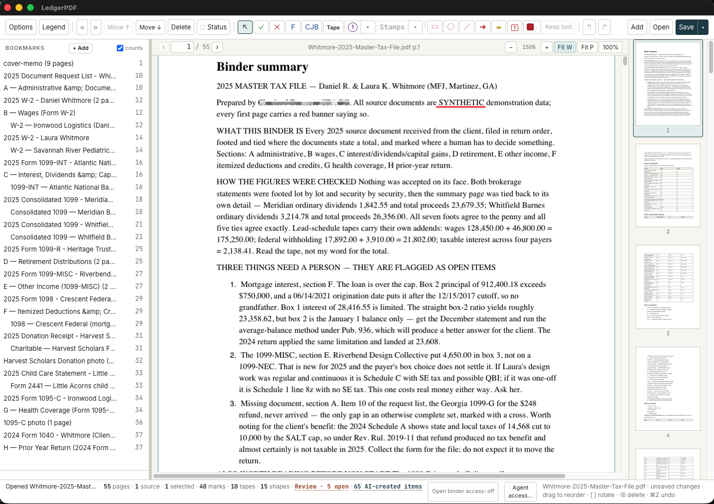 LedgerPDF v0.2.1 binder overview showing a synthetic 55-page tax engagement with bookmarks, binder summary, page thumbnails and review counts