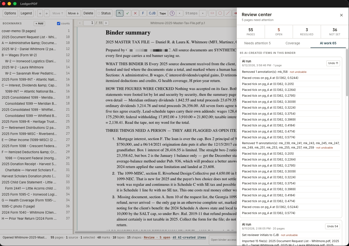 LedgerPDF v0.2.1 with a synthetic 55-page tax binder open and the Review Center showing AI-created items, agent-run history and run-level undo.