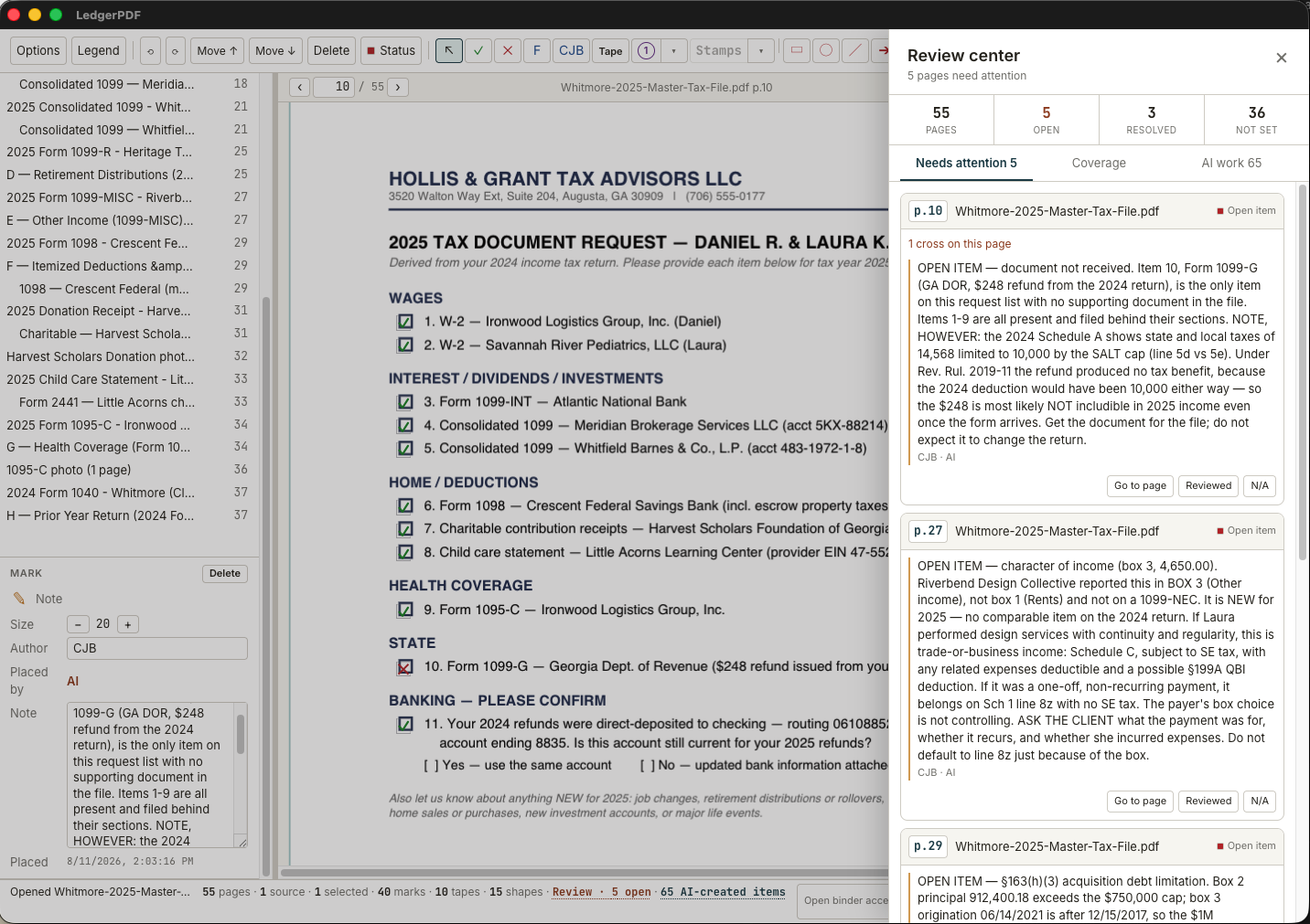 LedgerPDF v0.2.1 Review Center listing open items beside a synthetic tax document request page with a red cross and attached note