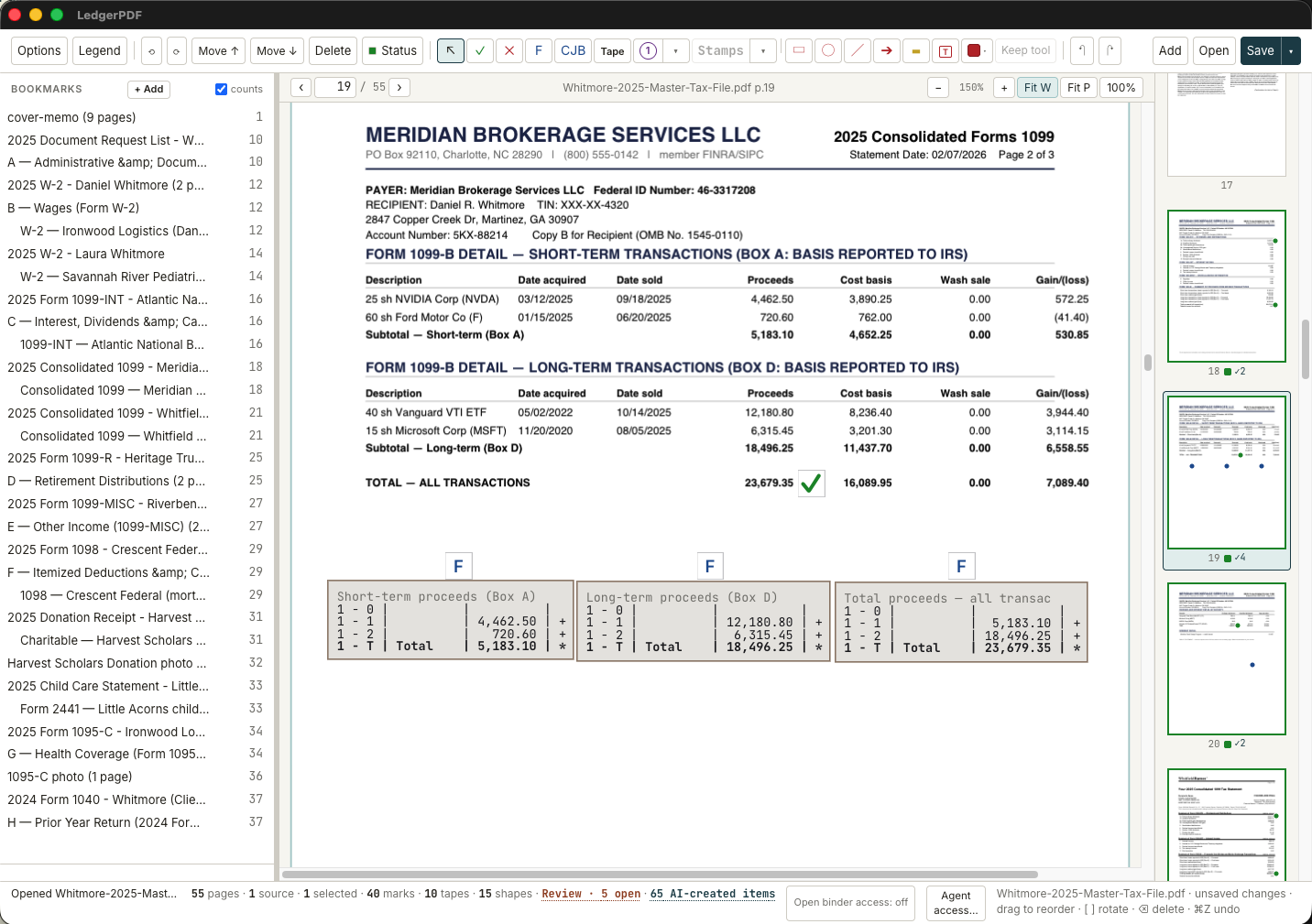 Synthetic brokerage statement in LedgerPDF v0.2.1 with foot marks, an agreed tick and three calculator tapes tied to figures on the page